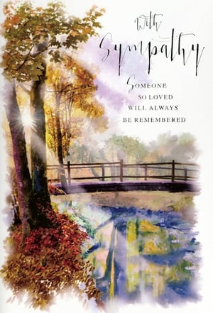 Offer your customers a truly beautiful way to express their condolences with our 'Sympathy' card from Simon Elvin. This exquisite card features a serene watercolour landscape, depicting a peaceful autumnal scene with a sun-dappled bridge over tranquil waters. The warm, comforting colours and gentle artistry create a heartfelt tribute.

The card's message, "With Sympathy Someone So Loved Will Always Be Remembered," offers a touching sentiment of remembrance and comfort. Perfect for conveying deepest sympathies, this card provides a thoughtful and elegant choice during difficult times. Available in a convenient pack size of 1x6, ensuring your shelves are stocked with quality cards that resonate with your customers.