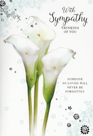 Offer a gentle message of comfort with our 'Sympathy' card, perfect for expressing heartfelt condolences. This elegant design showcases three serene white calla lilies, beautifully illustrated against a subtle backdrop of delicate floral patterns. The thoughtful sentiments, 'With Sympathy, Thinking of You' and 'Someone So Loved Will Never Be Forgotten,' convey a comforting message during difficult times.

Supplied by trusted brand Simon Elvin, these high-quality cards are a sensitive addition to any retail collection. Each pack contains 6 cards, ensuring you're well-stocked to meet your customers' needs. A touching way to help convey support.