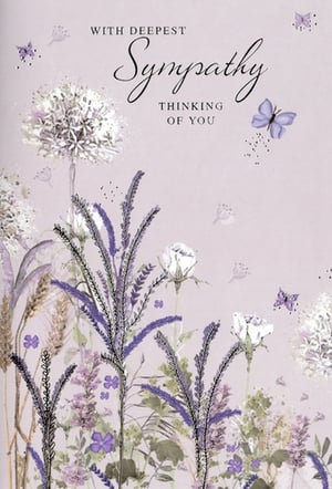 Help your customers convey their heartfelt condolences with this exquisite Sympathy card from Simon Elvin. Featuring a serene design of delicate lavender blooms, soft white roses, and gentle butterflies, this card offers a comforting message of 'With Deepest Sympathy, Thinking of You'.

The elegant artwork, with its subtle sparkle and soothing colour palette, provides a thoughtful way to express care during difficult times. Stock up on this essential card, available in a convenient 1x6 pack, ensuring you always have a sensitive option for those seeking to offer support.