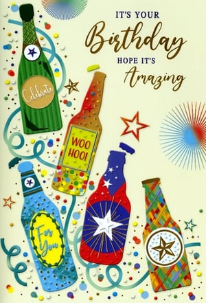 Make their special day truly amazing with this vibrant 'Open Birthday Male' card from Simon Elvin. Bursting with celebratory spirit, the design features a fun collection of decorated bottles, confetti, and stars, all set against a cheerful background. From a sparkling champagne bottle to festive beer-style designs, this card is packed with lively details perfect for any male recipient. The message "IT'S YOUR Birthday HOPE IT'S Amazing" captures the joyful sentiment. Supplied in a convenient pack size of 1x6, this card is a brilliant choice to add a touch of excitement to your greeting card display.