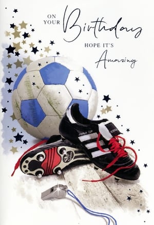 Add a winning touch to your greeting card display with this vibrant football-themed birthday card, perfect for the male recipient. Featuring a classic football, iconic Adidas World Cup boots, and a referee's whistle, this design captures the excitement of the beautiful game. Scattered stars add a celebratory feel, complementing the warm message: "ON YOUR Birthday HOPE IT'S Amazing." Supplied by Simon Elvin, these popular Open Birthday Male cards are available in a convenient pack of 1x6, ensuring you're well-stocked for your customers. A great choice for any football enthusiast!