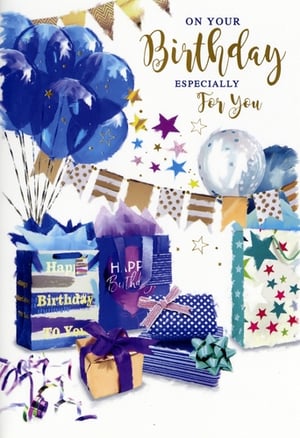 Make every birthday special with our 'Open Birthday Male' card, brought to you by Simon Elvin. This eye-catching design bursts with celebratory charm, featuring a dynamic cluster of blue balloons and shimmering gold accents. Festive bunting and a scattering of colourful stars create a lively backdrop for the beautifully illustrated gift bags and wrapped presents, complete with elegant ribbons and bows.

The warm message 'On Your Birthday Especially For You' makes this card a versatile choice for any male recipient. Available in a convenient 1x6 pack, it's a must-have addition to your greeting card selection, ensuring you're always stocked for those important occasions.