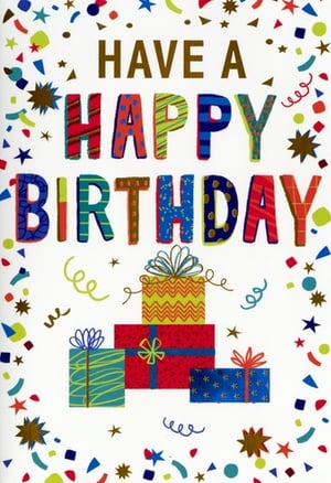 Brighten any birthday with this vibrant "Have a Happy Birthday" card from Simon Elvin. Perfect for a general male recipient, this cheerful design features bold, patterned lettering that truly pops. The festive scene is completed with a stack of colourful gift boxes and a scattering of playful confetti, stars, and streamers, all set against a crisp white background.

Each card exudes a joyful and celebratory feel, making it an excellent choice for customers looking for a versatile and eye-catching birthday greeting. Stock up with our convenient pack of six, ensuring you always have a fantastic option on hand for those special occasions. A truly delightful card to help spread birthday cheer!