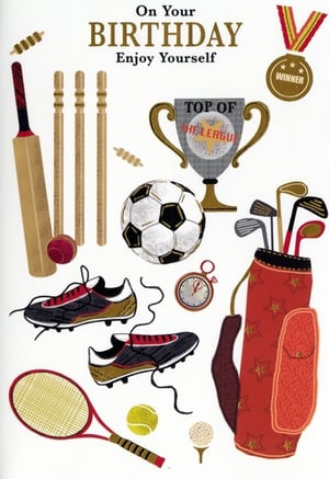 "On Your BIRTHDAY Enjoy Yourself" – this vibrant card is a winning choice for any sports-loving male! From Simon Elvin, this 'Open Birthday Male' design is packed with an exciting array of sporting essentials.

Featuring everything from a cricket bat and stumps to a football, tennis racket, and golf clubs, it’s perfect for celebrating the enthusiast in your life. The detailed illustrations include studded sports shoes, a stopwatch, and even a golf ball on a tee. Adding to the celebratory feel are a "TOP OF THE LEAGUE" trophy and a "WINNER" medal, making it ideal for someone who always strives for success.

This fantastic card is sure to score big with your customers. Available in a convenient pack of 6.