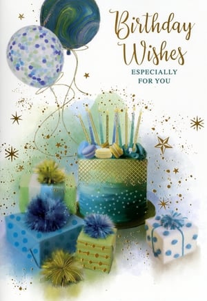 Make their birthday extra special with this beautiful 'Open Birthday Male' card from Simon Elvin. This stunning design features a sophisticated watercolour illustration, showcasing elegant balloons, a festive birthday cake adorned with candles and macarons, and an array of beautifully wrapped gifts. The rich blue and green tones, accented with shimmering gold details and stars, create a truly celebratory feel. The heartfelt message 'Birthday Wishes Especially For You' adds a personal touch. Perfect for a wide range of male recipients, this card offers a stylish way to convey warm wishes. Available in a convenient pack of 6, ensuring you're always prepared.