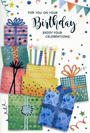 Make their day extra special with this vibrant 'Open Birthday Male' card from Simon Elvin. This cheerful design is bursting with celebratory spirit, featuring a delightful birthday cake topped with sparkling candles, surrounded by a generous stack of beautifully wrapped gifts. Scattered stars, colourful confetti, and festive bunting complete the joyful scene. With its warm message, 'FOR YOU ON YOUR Birthday, ENJOY YOUR CELEBRATIONS!', this card is a fantastic choice for any male recipient. Stock up with this convenient pack of 6, ensuring you're ready for every birthday occasion.