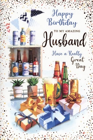 Help your customers celebrate their amazing husbands with this fantastic birthday card from Simon Elvin. This vibrant design captures the essence of a perfect birthday, featuring refreshing beers, thoughtful gifts, and a touch of greenery, all set against a cheerful, confetti-filled background. The heartfelt message, "Happy Birthday TO MY AMAZING Husband Have a Really Great Day," is sure to bring a smile to any husband's face.

Ideal for retailers, this popular 'Husband' card is available in a convenient pack of 6. Ensure your shelves are stocked with this appealing design, ready for every special occasion. A brilliant choice for offering high-quality greeting cards that truly resonate with your customers.