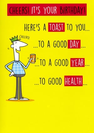 Help your customers celebrate birthdays with a hearty laugh and a good cheer! This 'Open Humorous' card from Simon Elvin is a fantastic choice, featuring a delightful character raising a glass for a special birthday toast. The vibrant design, with its bright yellow background and bold text, wishes the recipient 'A GOOD DAY, A GOOD YEAR, TO GOOD HEALTH'. It's the perfect way to send warm wishes with a touch of wit. Available in a handy pack of 6, this card is a must-have for any retail display. Stock up and let the good times roll!