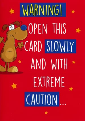 Introduce a touch of playful suspense to your greeting card selection with our 'Open Humorous' card from Simon Elvin. Featuring an anxious cartoon dog and the eye-catching message, 'WARNING! OPEN THIS CARD SLOWLY AND WITH EXTREME CAUTION...', this card is designed to build anticipation and deliver a delightful surprise inside. It's the perfect choice for customers looking for a unique and memorable way to celebrate any occasion. Stock up on this popular design, available in a convenient pack of 6, and watch it fly off the shelves!