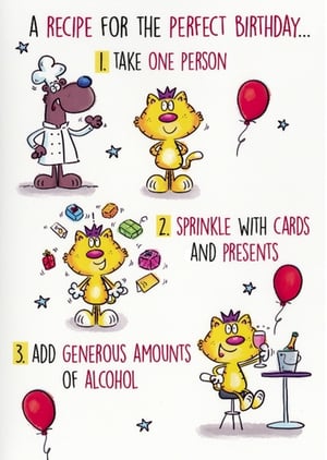 Get ready to celebrate with a chuckle! Our 'Open Humorous' birthday card from Simon Elvin offers a hilarious take on the perfect birthday recipe. Featuring a delightful cartoon cat and a chef bear, this card outlines the essential ingredients for a fantastic day – from presents and cards to generous amounts of alcohol! It's the ideal choice for anyone who appreciates a good laugh on their special day. Guaranteed to bring a smile, these cards are perfect for adult birthdays. Available in convenient packs of 6, they're a must-have for your greeting card selection.