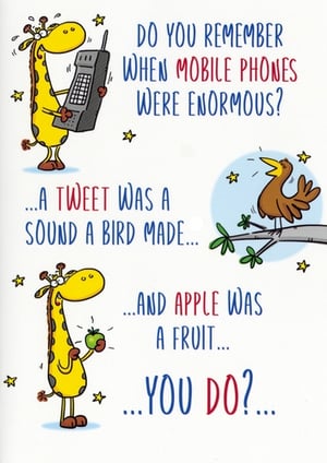 Step back in time with our 'Open Humorous' card from Simon Elvin! This delightful design is packed with witty nostalgia, perfect for anyone who remembers a time when mobile phones were truly enormous, a 'tweet' was just a bird's song, and an 'Apple' was simply a delicious fruit.

Featuring charming illustrations of a bewildered giraffe and a chirping bird, this card cleverly plays on how technology has changed our language. It's guaranteed to bring a smile and a knowing nod from recipients of all ages.

Ideal for birthdays, general greetings, or just to share a laugh, this card is a fantastic addition to any retail display. Stock up on this popular design, available in a convenient 1x6 pack, and offer your customers a truly memorable and amusing greeting card.