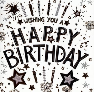 Celebrate in style with our 'Open Birthday Male' card, brought to you by Simon Elvin. This eye-catching design features a bold 'WISHING YOU A HAPPY BIRTHDAY' message, surrounded by a lively display of sparkling stars, festive confetti, and elegant candles. The sophisticated black, silver, and gold colour scheme, complete with subtle glitter accents, creates a truly celebratory feel. It's a versatile choice, perfect for any male recipient, offering a contemporary and stylish way to send your warmest wishes. Stock up with this popular design, available in a convenient pack of 6, and add a touch of modern elegance to your greeting card selection.