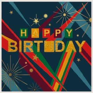 Celebrate in style with this striking "Happy Birthday" card, perfect for any male recipient. From Simon Elvin, this card features a vibrant and modern design with bold, dynamic stripes in rich reds, greens, blues, and yellows, all set against a sophisticated dark blue background. The "HAPPY BIRTHDAY" message truly pops, crafted in luxurious gold, textured lettering that catches the light beautifully. Sparkling gold stars and festive bursts add an extra touch of celebration. As an open birthday card, it's wonderfully versatile. Available in a handy pack of 6, these cards are an excellent choice for retailers looking to offer a contemporary and eye-catching greeting that stands out on the shelf.