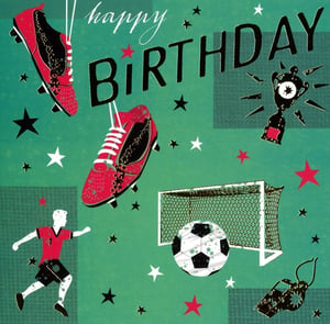 Get ready to score with our 'Open Birthday Male' card, brought to you by Simon Elvin! This fantastic card is designed to delight any football enthusiast. The vibrant design showcases iconic elements of the game, including a pair of striking red football boots, a determined player, a classic football, and a goal net. A gleaming trophy and a referee's whistle add to the celebratory atmosphere, all adorned with scattered stars against a stylish green backdrop. The clear "happy BIRTHDAY" message makes it a versatile choice for any male recipient. Supplied in a convenient pack of 6, these cards are an excellent addition to your retail offering, ensuring you're well-stocked for every birthday occasion.
