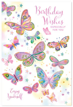 Introduce a touch of whimsical charm to your card selection with this beautiful 'Open Birthday Female' card from Simon Elvin. Adorned with a delightful flutter of colourful butterflies, each intricately detailed in vibrant shades of pink, purple, blue, and yellow, this design is sure to captivate. Soft watercolour washes and delicate scattered embellishments create a truly enchanting scene.
Featuring the heartfelt messages 'Birthday Wishes Especially For You' and 'Enjoy Yourself', it's the perfect way to send warm, joyful greetings. This cheerful card is ideal for celebrating any special woman's birthday. Available in convenient packs of 6, it's a must-have for your retail offering.
