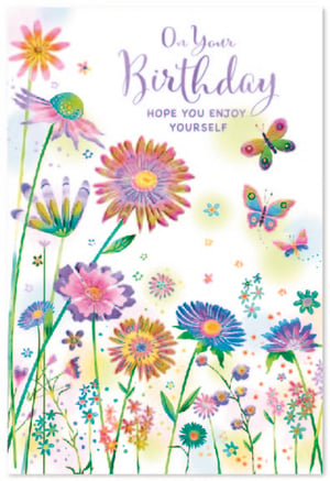 Bring a burst of joy to any birthday celebration with our 'Open Birthday Female' card from Simon Elvin. This exquisite card features a captivating watercolour illustration, showcasing a vibrant meadow of colourful flowers and playful butterflies. The artistic blend of pinks, purples, blues, and yellows creates a cheerful and uplifting design. With the heartfelt message 'On Your Birthday, HOPE YOU ENJOY YOURSELF', it's perfect for conveying warm wishes. Supplied in a convenient pack of 6, these charming cards are an ideal addition to your greeting card selection, ready to delight your customers.