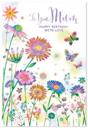 Celebrate Mum's special day with this truly beautiful birthday card, designed to convey warmth and affection. This delightful card features a vibrant watercolour illustration of cheerful flowers in full bloom, accompanied by graceful butterflies. The artistic blend of pinks, purples, blues, and yellows creates a wonderfully bright and loving design. With the heartfelt message 'To You, Mum, HAPPY BIRTHDAY WITH LOVE', it's the perfect way to make her feel cherished. Supplied by Simon Elvin, this 'Mum' card is available in a convenient pack size of 1x6, making it an ideal addition to your greeting card range.