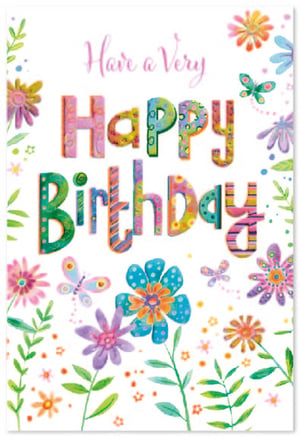 Brighten someone's special day with this delightful 'Have a Very Happy Birthday' card. Perfect for any female recipient, this vibrant design bursts with joy and colour. The cheerful 'Happy Birthday' message stands out with its playful, textured lettering, adorned with charming patterns like polka dots and stripes.
Surrounded by a whimsical garden of colourful flowers in shades of pink, purple, blue, and orange, along with delicate butterflies, this card is a true celebration of happiness. The fresh, artistic style makes it a wonderful choice for friends, family, or colleagues. From Simon Elvin, these popular cards are available in a convenient pack of 6, ensuring you always have the perfect way to send warmest birthday wishes.
