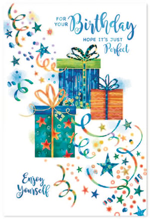 Our 'Open Birthday Male' card from Simon Elvin is a burst of birthday joy! This beautifully illustrated card features a lively watercolour design, showcasing an array of colourful wrapped gifts, playful stars, and swirling streamers. The vibrant blues, greens, oranges, and yellows create a truly festive feel. With warm wishes like 'FOR YOUR Birthday, HOPE IT'S JUST Perfect' and 'Enjoy Yourself', it's an ideal choice for celebrating anyone's special day. Stock up with our convenient pack of 6 and add a splash of cheer to your greeting card collection.