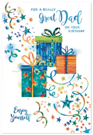 Celebrate a truly special Dad with this vibrant birthday card! Featuring a cheerful watercolour design, it's bursting with colourful gifts, playful stars, and festive confetti. The heartfelt message "FOR A REALLY Great Dad ON YOUR BIRTHDAY" is complemented by a warm "Enjoy Yourself". This card is the perfect way to show your appreciation and make his day extra bright. A wonderful choice for any amazing father!