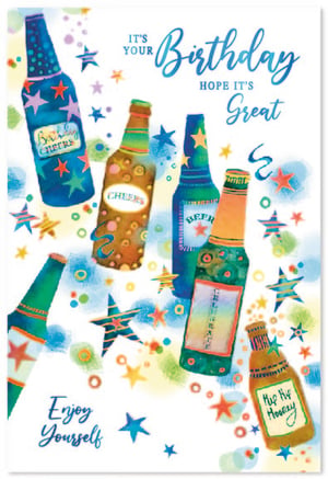 Celebrate in style with this vibrant 'Open Birthday Male' card from Simon Elvin! Featuring a lively design of colourful bottles, stars, and confetti, it's perfect for wishing someone a fantastic day. The card's cheerful messages, including "IT'S YOUR Birthday HOPE IT'S Great" and "Enjoy Yourself", are complemented by fun phrases like "Bubbly Cheers", "CHEERS", "BEER", "CELEBRATE", and "Hip Hip Hooray". With its festive watercolour style, this card is sure to bring a smile. Each pack contains 6 cards, making it easy to stock up for all those special male birthdays.
