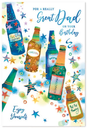 Help your customers celebrate Dad's special day with this fantastic birthday card from Simon Elvin. This vibrant design features an assortment of colourful, illustrated bottles, each carrying a cheerful message like 'Cheers', 'Bubbly Cheers', and 'Hip Hip Hooray'. Adorned with playful stars and confetti, the card's lively artwork is sure to bring a smile to any father's face. The front proudly declares 'FOR A REALLY Great Dad ON YOUR Birthday', with an encouraging 'Enjoy Yourself' inside. Perfect for retailers, this popular card offers a fun and festive way to mark the occasion. Each pack contains 6 cards, ready to delight your customers.
