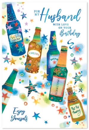 Celebrate your husband's special day with this vibrant and fun birthday card from Simon Elvin. Featuring an eye-catching design of colourful, celebratory bottles adorned with stars and confetti, it's the perfect way to raise a toast to him. The cheerful artwork, complete with messages like "Bubbly Cheers" and "Hip Hip Hooray," sets a wonderfully festive mood.

The card carries a heartfelt message: "FOR MY Husband WITH LOVE ON YOUR Birthday" and encourages him to "Enjoy Yourself." This delightful card is sure to bring a smile to his face. Available in a convenient pack of 6, it's an excellent addition to your greeting card selection, offering a popular choice for customers.