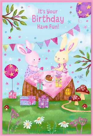 Brighten someone's special day with this enchanting 'Open Birthday Female' card from Simon Elvin. Featuring two delightful bunnies enjoying a whimsical birthday picnic, complete with colourful balloons, a festive banner, and an array of thoughtful gifts, this card is bursting with charm. The sweet illustration, set against a soft blue sky and lush green landscape, creates a truly heartwarming scene. With the cheerful message "It's Your Birthday Have Fun!", it's the perfect way to send warm wishes to any female recipient, regardless of age. Stock up on this lovely design, available in a convenient pack of 6, and offer your customers a truly memorable birthday greeting.