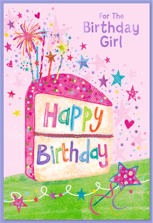 Celebrate in style with this delightful 'Open Birthday Female' card from Simon Elvin. Featuring a vibrant and cheerful design, this card is perfect for making any birthday girl feel extra special. A generous slice of pink birthday cake, adorned with colourful sprinkles, takes centre stage, complete with playful candles and sparkling toppers. The words 'Happy Birthday' are written in bright, multi-coloured letters, adding to the festive feel. The background is a shower of stars and confetti on a soft pink canvas, while a whimsical star wand and garland complete the scene. This eye-catching card is sure to bring a smile to her face. Supplied in a convenient pack of 6, it's an ideal choice for your retail offering.