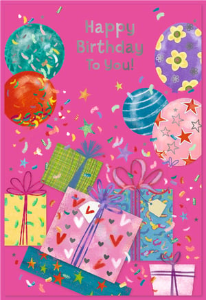 Celebrate in style with this delightful "Open Birthday Female" card from Simon Elvin. This vibrant design bursts with colour, showcasing an assortment of patterned balloons – from playful confetti to elegant stripes and whimsical flowers. Below, a collection of beautifully wrapped gifts, adorned with hearts, plaid, and stars, are scattered amongst a shower of vibrant confetti and stars, all against a bright pink backdrop. The silver "Happy Birthday To You!" message adds a touch of sparkle. Perfect for wishing any female a wonderful birthday, this card's joyful theme is sure to be a favourite. Available in a convenient pack of 6.