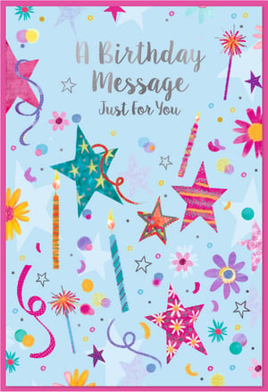 Brighten up your birthday card selection with this delightful 'Open Birthday Female' card from Simon Elvin. Featuring a vibrant light blue background, this card is bursting with celebratory charm.
Adorned with an array of colourful stars, playful candles, sparkling confetti, and cheerful flowers, it creates a truly festive feel. The shimmering silver text, "A Birthday Message Just For You," adds a touch of elegance. Perfect for sending warm wishes to any female recipient, this versatile design is sure to bring a smile. Stock up with our convenient 1x6 pack size and offer your customers a card that truly stands out.