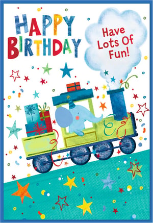 Brighten someone's special day with the delightful Simon Elvin Open Birthday Male card. This charming design features a vibrant train, complete with an adorable elephant in a party hat and a stack of colourful gifts. "Happy Birthday" is boldly displayed, while the train's smoke playfully wishes "Have Lots Of Fun!". Scattered stars and confetti add to the festive, celebratory feel. Perfect for boys or any male recipient who appreciates a cheerful and whimsical birthday greeting. Stock up with this fantastic card, available in a convenient pack of 6.