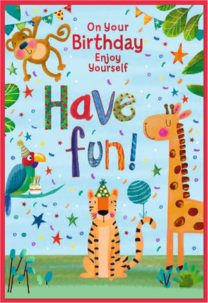 Make every birthday roar with delight with our 'Open Birthday Male' card from Simon Elvin! This vibrant and cheerful card features a lively jungle scene, complete with a playful monkey, a friendly giraffe, a festive parrot, and a charming tiger, all ready to celebrate. Adorned with colourful confetti, stars, and party hats, it's designed to bring a smile to any male recipient's special day. The message 'On Your Birthday Enjoy Yourself Have fun!' perfectly captures the celebratory spirit. Supplied in a convenient pack of 6, this high-quality card is a fantastic addition to your greeting card selection, ensuring you're stocked for all those important male birthdays.