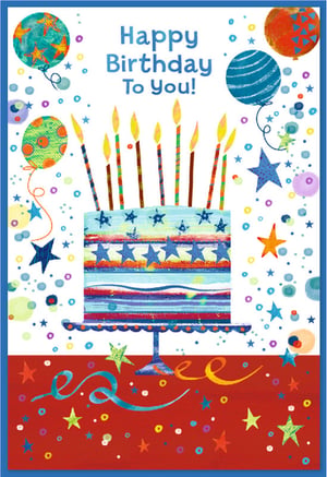 Brighten up any celebration with this delightful 'Open Birthday Male' card from Simon Elvin. Featuring a vibrant, hand-painted style birthday cake topped with glowing candles, surrounded by colourful balloons and playful confetti, it's a truly festive design. The clear 'Happy Birthday To You!' message makes it perfect for any age. With its cheerful red, white, and blue palette and star accents, this card offers a fun and artistic touch, making it a wonderful choice for him. Available in a convenient 1x6 pack, it's an ideal addition to your greeting card selection.