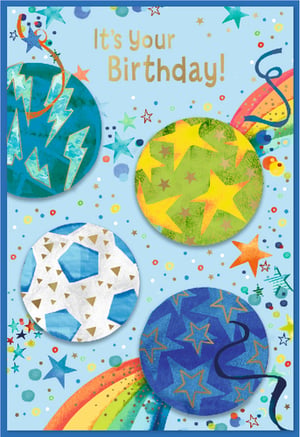 Introduce a burst of birthday cheer to your card selection with the 'Open Birthday Male' card from Simon Elvin. This vibrant design is perfect for celebrating any male's special day, featuring a lively 'It's Your Birthday!' message in gold. Against a bright blue backdrop, four distinct circular motifs capture attention: a dynamic blue lightning bolt pattern, a cheerful green and yellow star design, a classic blue and white football, and a deep blue starry globe. The festive scene is enhanced with scattered colourful confetti, twinkling stars, and playful rainbow accents. A truly engaging card that promises to bring a smile. Available in a handy pack of 6.
