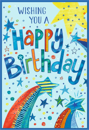 Make every birthday wish shine with our 'Open Birthday Male' card from Simon Elvin. This delightful card features a vibrant 'Wishing You A Happy Birthday' message in playful, multi-coloured lettering, set against a cheerful sky-blue backdrop. The design is adorned with an array of sparkling stars, dynamic shooting star trails, and festive confetti dots, creating a truly celebratory feel. Ideal for male recipients of all ages, its lively and colourful artwork is sure to bring a smile. Available in a convenient 1x6 pack, this popular choice is perfect for stocking your shelves and ensuring your customers find the perfect card for any special occasion.
