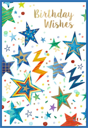 Make their special day shine with this vibrant 'Birthday Wishes' card! Bursting with an array of colourful stars in various patterns and sizes, this design is sure to bring a smile. From bold blues and greens to cheerful yellows and oranges, each star adds a touch of celebratory sparkle, some even highlighted with a golden outline. Scattered confetti details complete the festive look. Perfect for sending warm birthday wishes, this eye-catching card is a fantastic choice for any male recipient, offering a bright and energetic way to celebrate. It's a brilliant way to share joy on their special day.