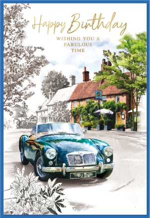 Celebrate in style with our 'Open Birthday Male' card, a truly charming design from Simon Elvin. This delightful card features a classic dark green convertible car, beautifully rendered with a sophisticated artistic touch. The backdrop showcases a picturesque village scene, blending vibrant colours with elegant monochrome sketches for a unique and appealing aesthetic.
Perfect for any male recipient, the card wishes 'Happy Birthday' and 'WISHING YOU A FABULOUS TIME' in elegant gold script. Its timeless appeal and quality finish make it a wonderful choice for your customers. Available in a convenient pack size of 1x6, ensuring you're always stocked with this popular design.
