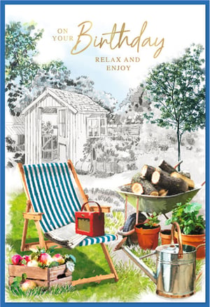 Celebrate a special birthday with this charming card from Simon Elvin. Featuring a tranquil garden scene, it's perfect for anyone who loves the outdoors and a moment of calm. The delightful illustration combines vibrant watercolour elements, including a comfy striped deck chair, a crate of fresh apples, potted plants, and a wheelbarrow full of logs. A rustic sketched garden shed and trees complete the peaceful backdrop. The message "On Your Birthday, Relax and Enjoy" is beautifully presented in elegant gold script. This versatile card is ideal for male recipients and comes in a convenient 1x6 pack, ready for your customers.