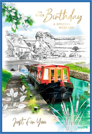 Offer your customers a truly delightful card with the Simon Elvin Open Birthday Male design. This charming card features a picturesque canal scene, perfect for celebrating a special day. A vibrant red and black narrowboat is beautifully depicted, moored alongside a tranquil waterway. In the background, a quaint village and an arched stone bridge add to the idyllic setting, rendered in an elegant sketch style. Watercolour accents bring the lush foliage and sparkling water to life. With "ON YOUR Birthday" and "Just For You" elegantly presented in gold script, this card conveys warm wishes with a classic touch. Each pack contains 6 cards, making it an ideal addition to your greeting card selection.
