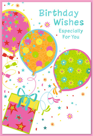 Brighten your birthday card collection with this delightful "Open Birthday Female" card from Simon Elvin. This vibrant design features an array of colourful balloons, a cheerful gift box, and playful confetti, all set against a crisp white background. The message "Birthday Wishes Especially For You" makes it a versatile choice for a wide range of female recipients. Each card is bursting with celebratory charm, ensuring your customers find the perfect way to send their warm wishes. Available in a convenient pack size of 1x6, these cards are a fantastic addition to any retail display. Stock up today and offer your customers a truly lovely option for celebrating special occasions.