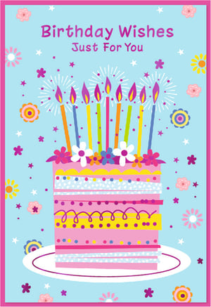 Brighten someone's special day with this delightful 'Birthday Wishes Just For You' card! From Simon Elvin, this charming design features a wonderfully colourful birthday cake adorned with flickering candles and pretty floral details. The vibrant pinks, blues, and yellows, set against a cheerful light blue background, create a truly festive feel. Perfect for sending warm greetings to any female friend or family member, this card is sure to bring a smile. Each pack contains 6 lovely cards, ready to spread joy on countless birthdays.