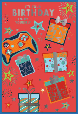 "Open Birthday Male" Card by Simon Elvin
Celebrate in style with this vibrant and modern birthday card, perfect for the gaming enthusiast or anyone who loves a fun, contemporary design! Featuring a bold red background, this card is adorned with a cool orange and blue game controller, an assortment of colourful gift boxes, and sparkling stars. The silver foil accents on the text "IT'S YOUR BIRTHDAY ENJOY YOURSELF!" and various design elements add a touch of premium shine, making it truly stand out. This eye-catching card is ideal for a male recipient of any age.
Supplied by Simon Elvin, this product comes in a convenient pack size of 1x6, ensuring you're well-stocked for your customers' birthday needs.