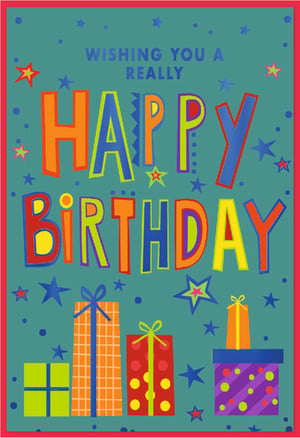 Add a splash of vibrant cheer to your greeting card display with this delightful 'Open Birthday' card from Simon Elvin. Featuring a lively design, the card boasts bold, multi-coloured lettering that exclaims 'WISHING YOU A REALLY HAPPY BIRTHDAY' against a playful teal backdrop sprinkled with stars and dots. A charming array of brightly patterned gift boxes completes the festive scene, making it a truly eye-catching choice for any celebration. This fun and colourful card is perfect for bringing joy to recipients of all ages. Available in a convenient pack of six, it’s an ideal wholesale option to ensure your customers can always find the perfect card.
