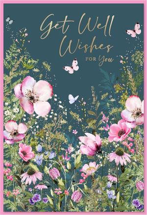 Brighten someone's day with our enchanting 'Get Well Female' card, brought to you by Simon Elvin. This exquisite design features a vibrant tapestry of pink and purple wildflowers, lush green foliage, and delicate butterflies, all set against a rich, deep teal background. The elegant gold script conveys a heartfelt 'Get Well Wishes for You' message, offering comfort and cheer. Perfect for showing you care, this beautiful card is sure to lift spirits. Available in a convenient pack size of 1x6, it's an ideal addition to your greeting card selection.