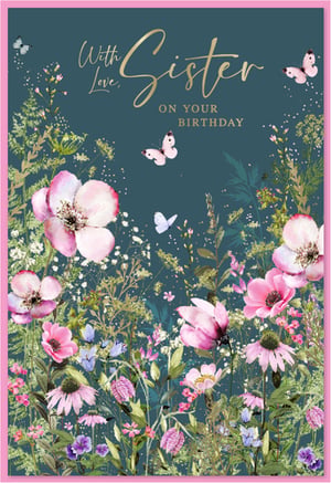 This exquisite 'Sister' birthday card from Simon Elvin is a truly delightful choice for any retailer. Adorned with a vibrant tapestry of wildflowers in beautiful pinks, purples, and lush greens, set against a rich teal backdrop, it's a design that truly stands out. Graceful butterflies add a whimsical touch, fluttering amongst the blossoms. The elegant gold script conveys a heartfelt message: 'With Love, Sister ON YOUR BIRTHDAY'. Perfect for celebrating a cherished sibling, this card offers both beauty and sentiment. Available in a convenient 1x6 pack size, it's an essential addition to your greeting card selection, ready to bring joy to every sister's special day.