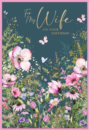 Introduce your customers to the truly special 'Wife' birthday card from Simon Elvin. This exquisite design features a vibrant meadow of pink and purple flowers, lush greenery, and delicate butterflies, all set against a sophisticated deep teal backdrop. The elegant gold script wishing 'For My Wife ON YOUR BIRTHDAY' adds a touch of luxury, making it the perfect choice for conveying heartfelt affection. Its charming and romantic aesthetic is sure to capture attention and delight. Stock up with our convenient 1x6 pack, ensuring you always have this beautiful card available for those looking to make their wife's birthday unforgettable.