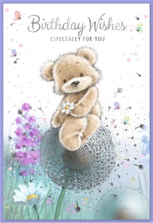 Make her birthday extra special with this enchanting 'Open Birthday Female' card from Simon Elvin. This delightful design features an irresistibly cute teddy bear gently perched on a whimsical dandelion clock, surrounded by fluttering butterflies and delicate hearts. The soft pastel colours and charming artwork create a truly heartwarming scene. With the sweet message 'Birthday Wishes ESPECIALLY FOR YOU', it's the perfect way to send warm greetings to any female friend, family member, or loved one. Stock up on this popular design, available in convenient packs of 6, and add a touch of magic to your greeting card selection.