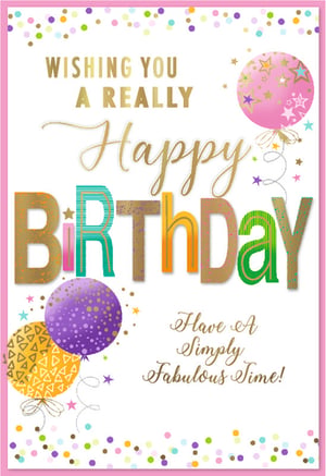 Brighten any celebration with this delightful "Open Birthday Female" card, brought to you by Simon Elvin. This vibrant design features a cheerful message: "Wishing You A Really Happy Birthday" and "Have A Simply Fabulous Time!" The card is bursting with colour, showcasing a playful scattering of confetti, shimmering stars, and an array of eye-catching balloons in pink, purple, and yellow. The bold, patterned "Birthday" lettering adds a wonderfully festive touch. Perfect for any female recipient, this versatile card is sure to be a popular choice. Stock up easily with our convenient pack of 6, ensuring your customers can always find the perfect card for that special occasion.