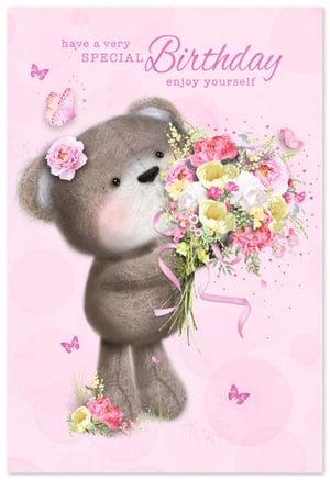 Offer your customers this lovely Open Birthday Female card from Simon Elvin. This charming design showcases a sweet, fluffy grey bear gently holding a beautiful bouquet of pink, yellow, and white flowers. The soft pink background is enhanced with delicate butterflies and subtle floral accents, creating a truly heartwarming scene. With the inviting message "have a very SPECIAL Birthday enjoy yourself," it's an ideal choice for celebrating any special woman's birthday. Each pack contains 6 cards, perfect for stocking your shelves with thoughtful and attractive options.